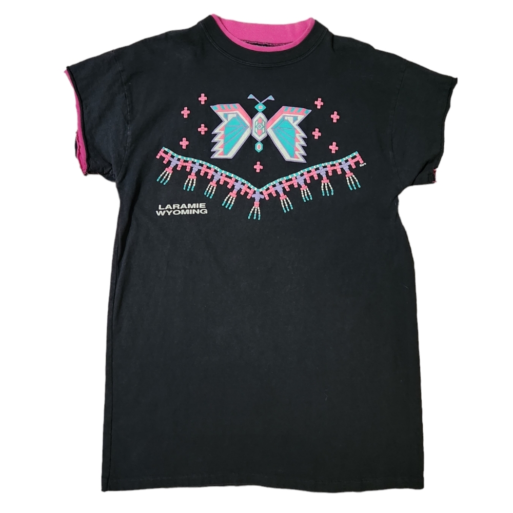 Vintage 90s Neon Butterfly Wyoming Puff Paint Tee T-Shirt